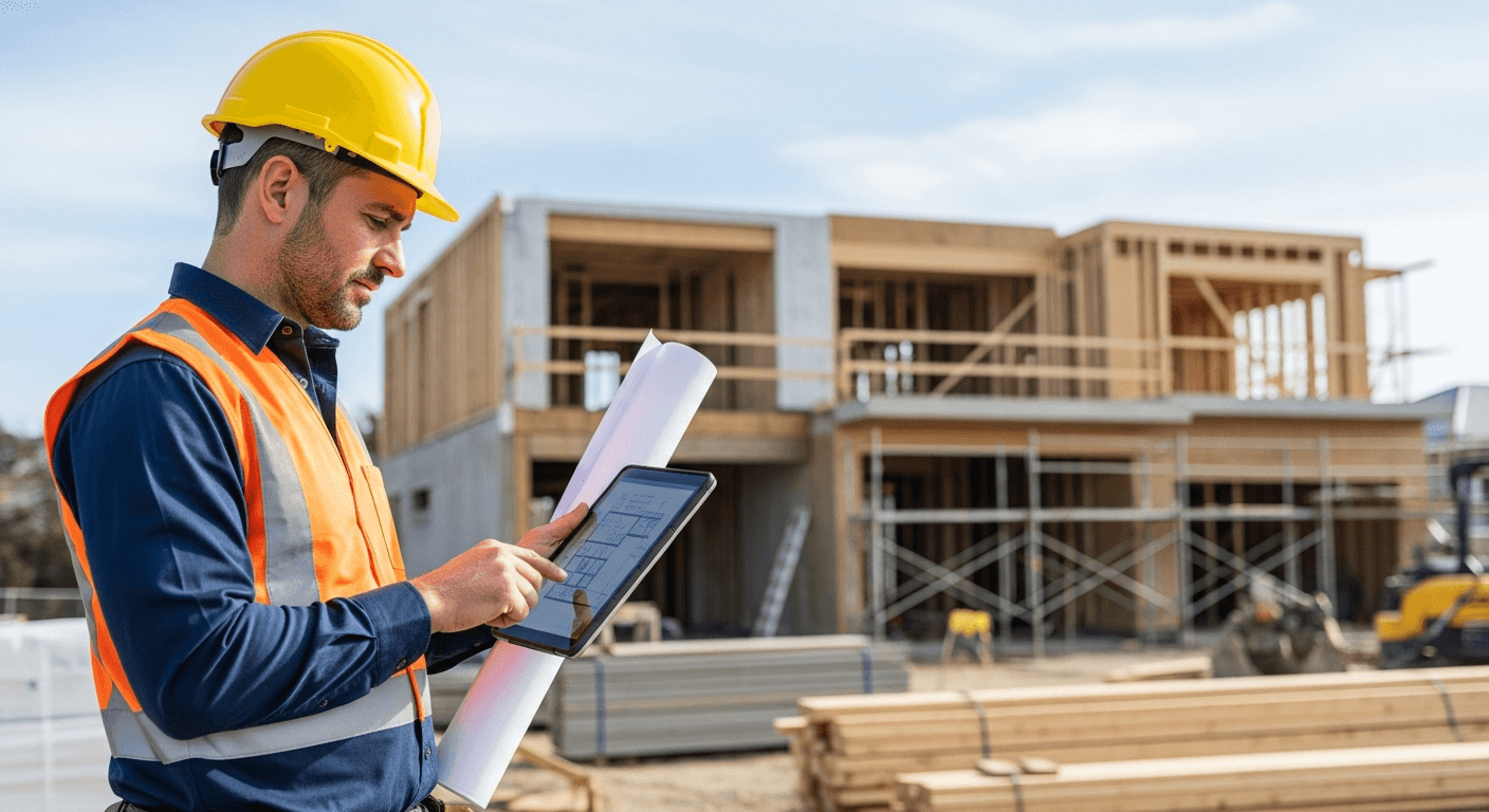 Builder reviewing construction documents on site
