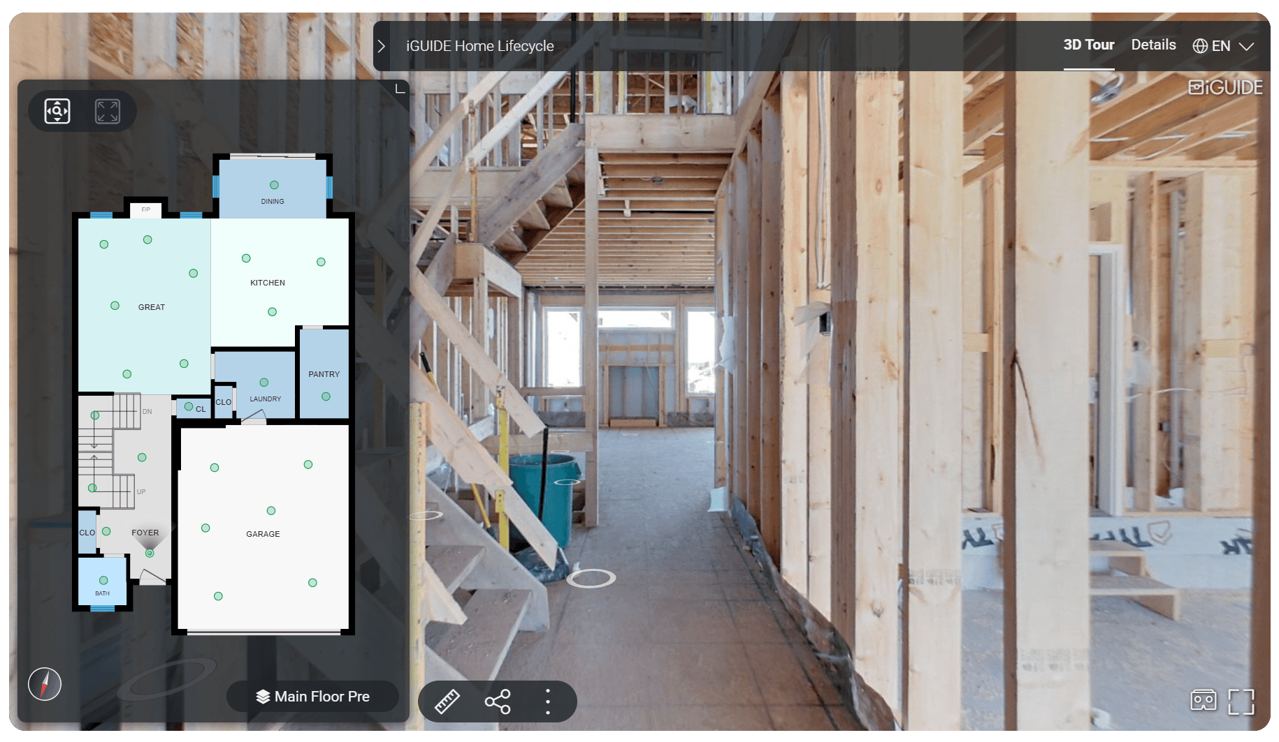 3D capture tour of a home at framing stage with floor plan overlay