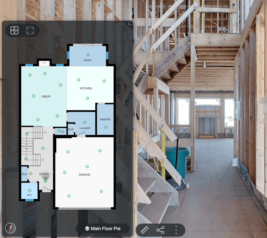 The same iGUIDE example before drywall, with exposed framing and rough-ins beside the floor plan