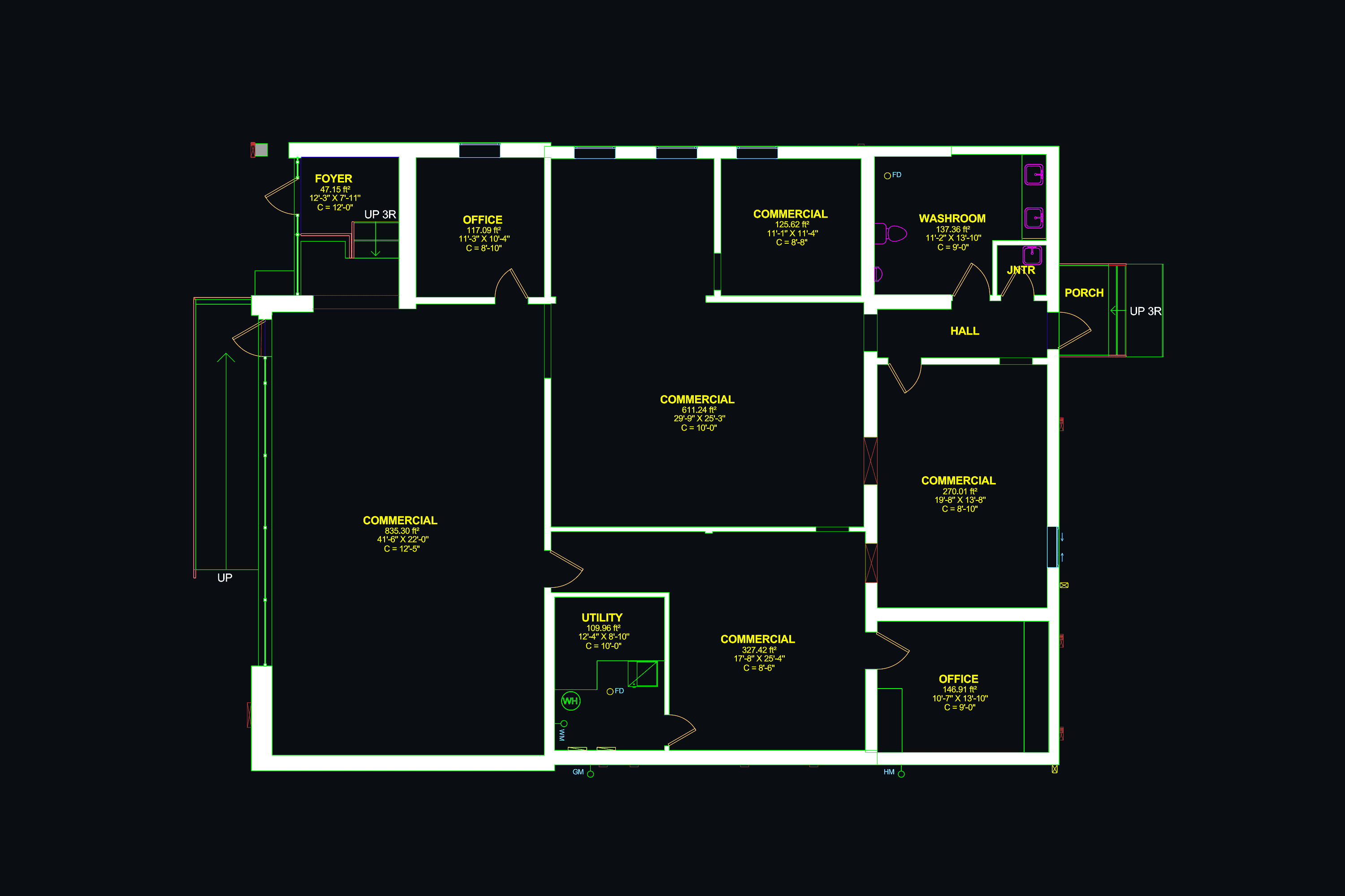 Sample measured CAD plan with walls, doors, room dimensions, fixtures, and area totals