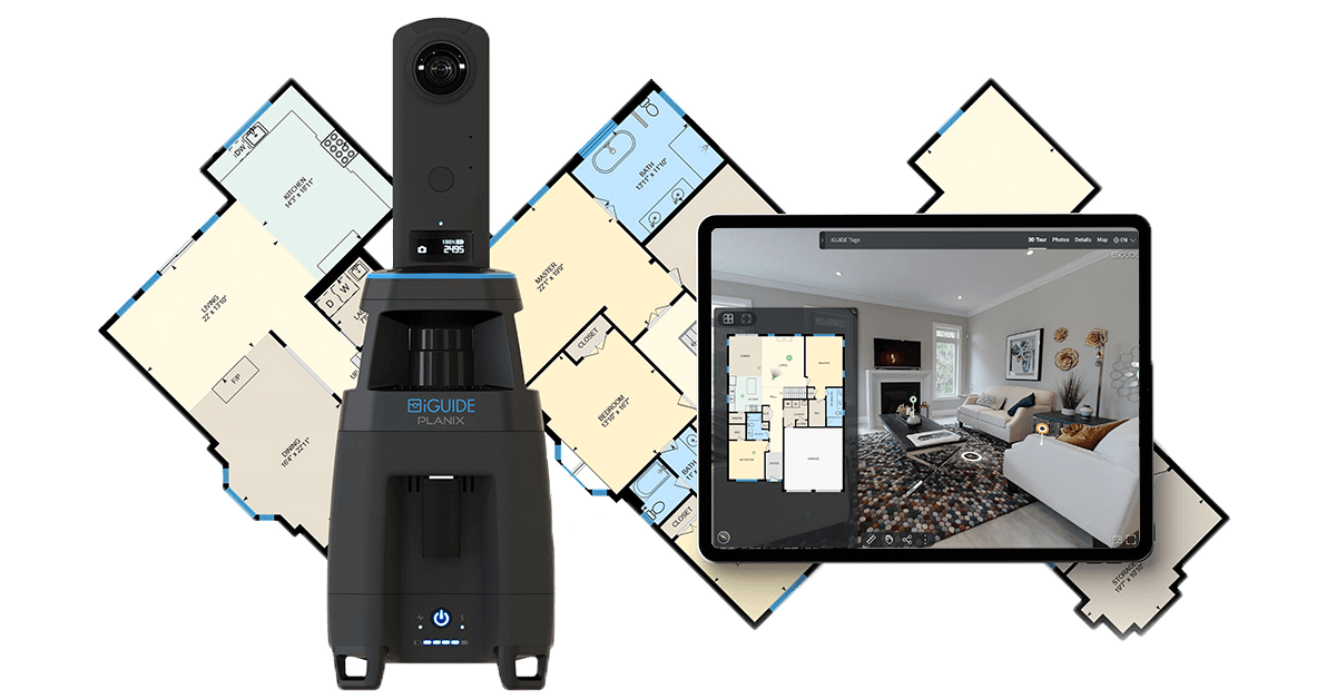 iGUIDE camera and tablet displaying a navigable room-by-room virtual walkthrough and floor plan