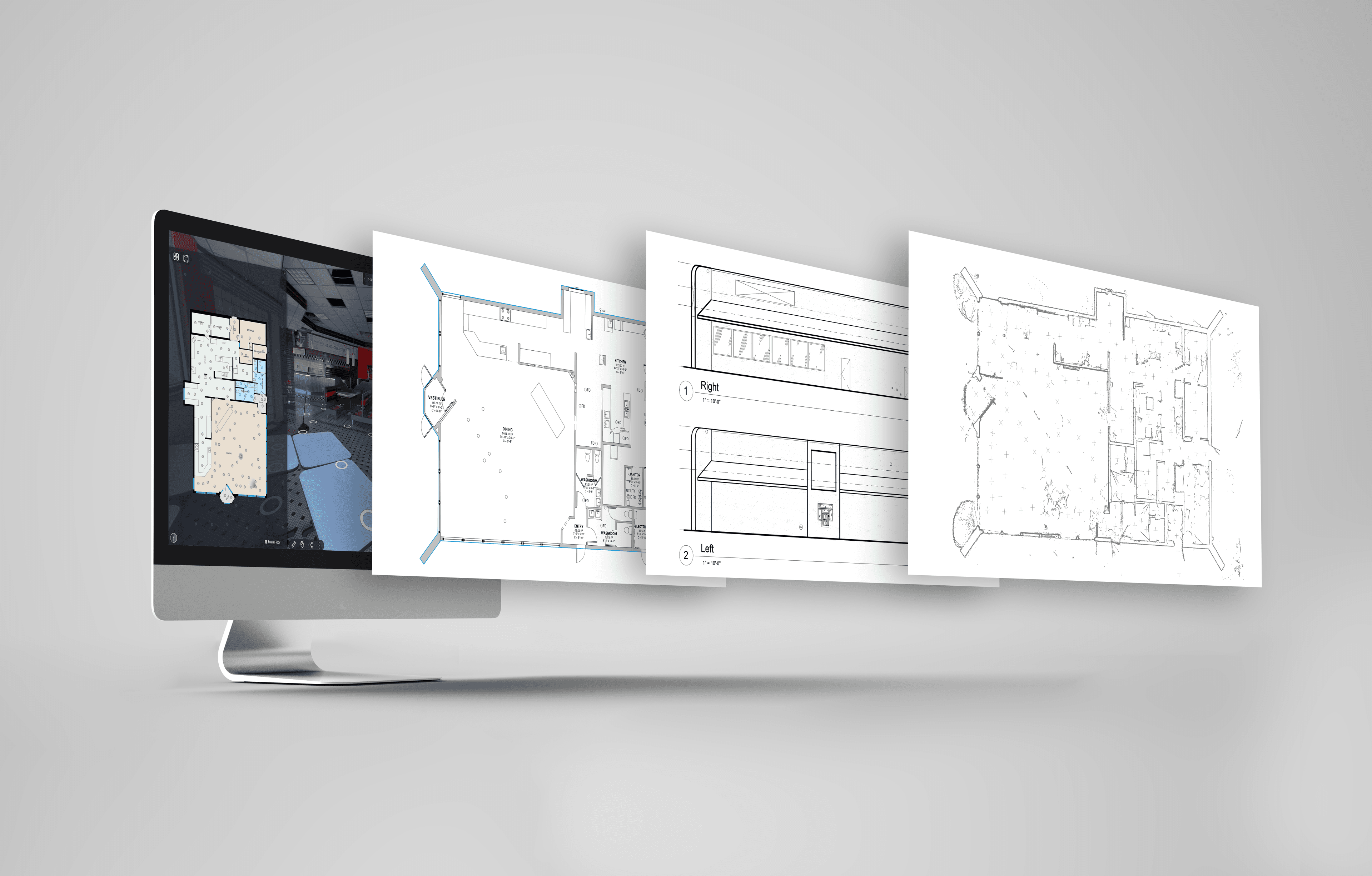 iGUIDE sample 3D walkthrough shown alongside a measured floor plan, elevations, and spatial data