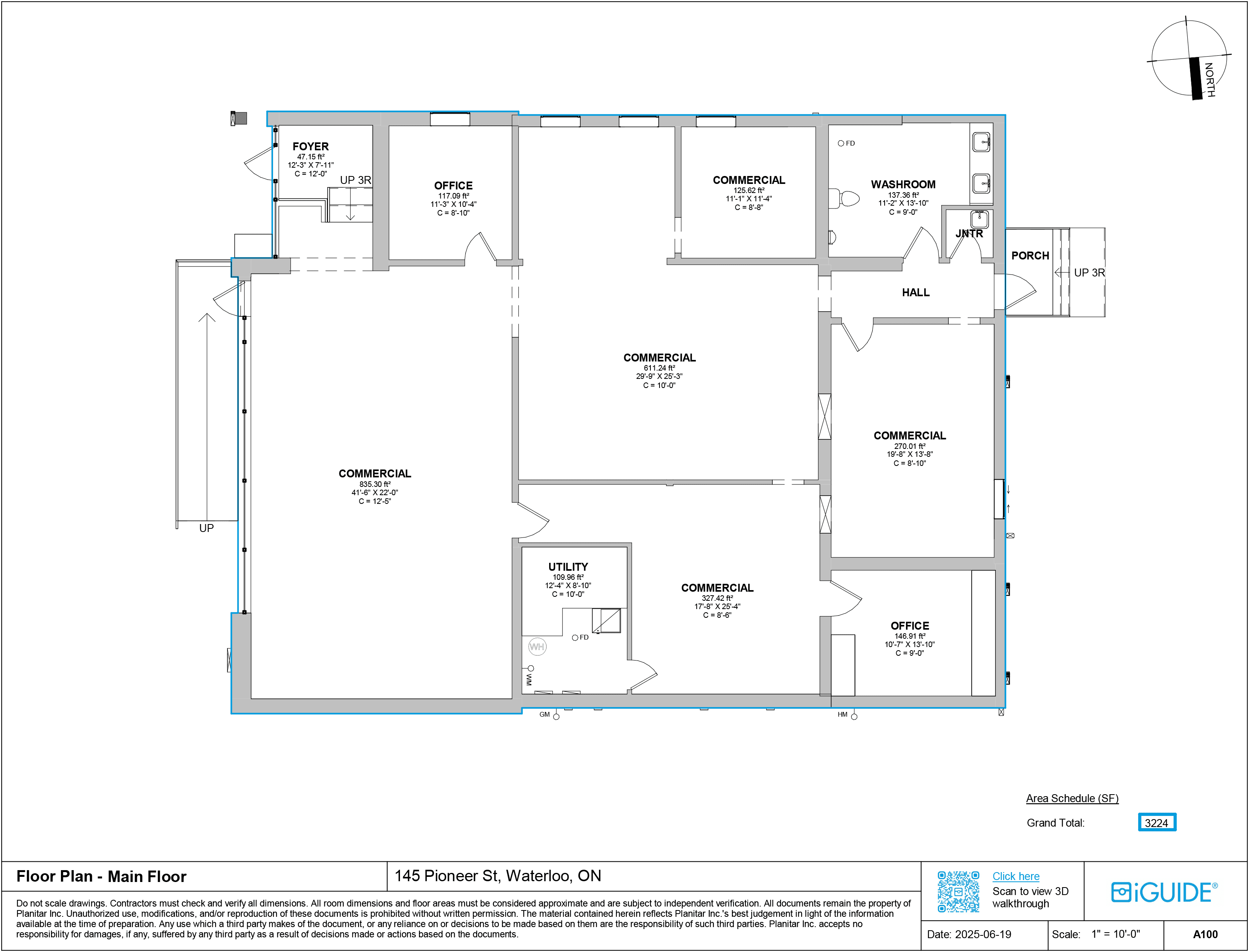 iGUIDE sample measured floor plan for a commercial property, with room dimensions and area totals